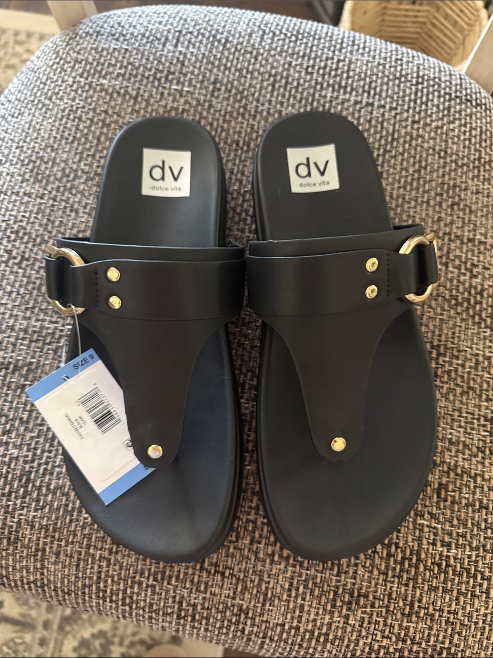 New Dolce Vita Black Slide Sandals with Gold Buckle Detail